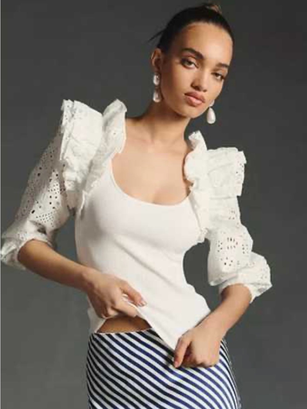 Dolan Anthropologie White Ruffle Eyelet Sleeve Blouse